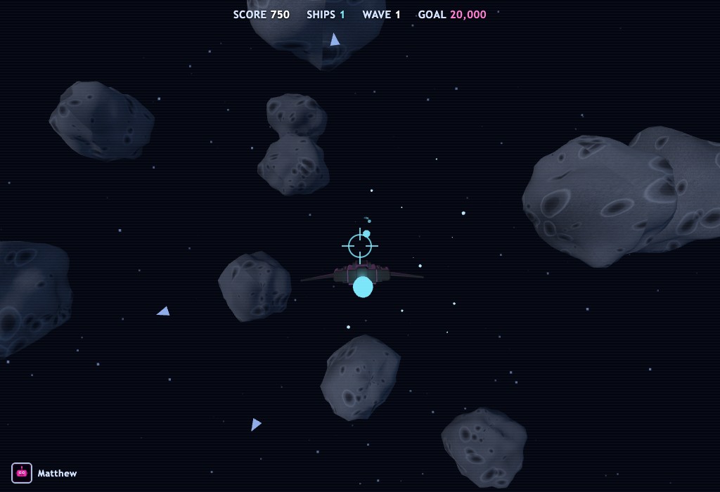 Asteroids 3D gameplay — a chrome ship flying through a 3D field of tumbling metallic asteroids in deep space, with a targeting reticle and a Y2K-chrome HUD.