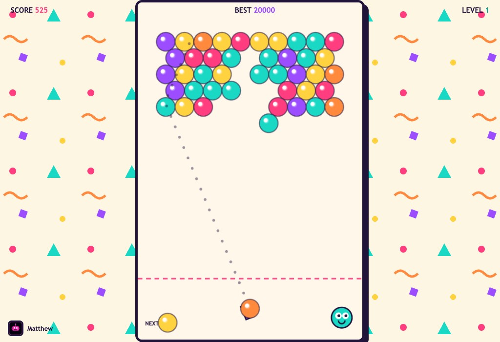 Bubble Pop gameplay — a grid of glossy candy-coloured bubbles, a cannon with a dotted aim line, a next-bubble preview and a cute mascot, on a bright Memphis-pop background.