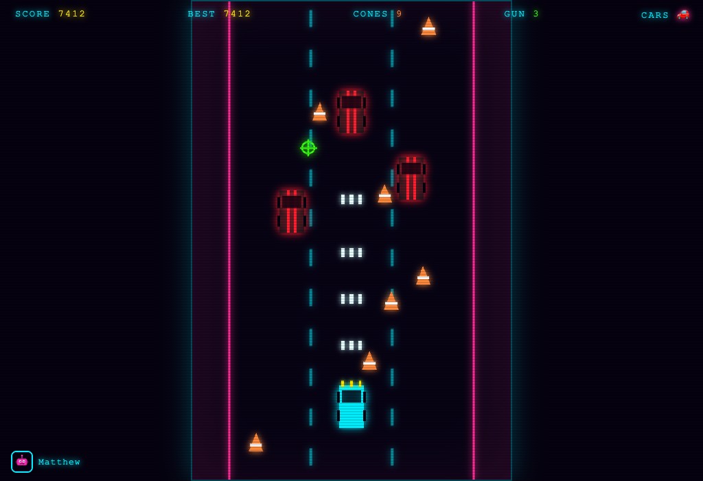 Cone Racer gameplay — a cyan car with triple guns firing bullets up a neon highway at black-and-red enemy cars, with cones and a green gun power-up.