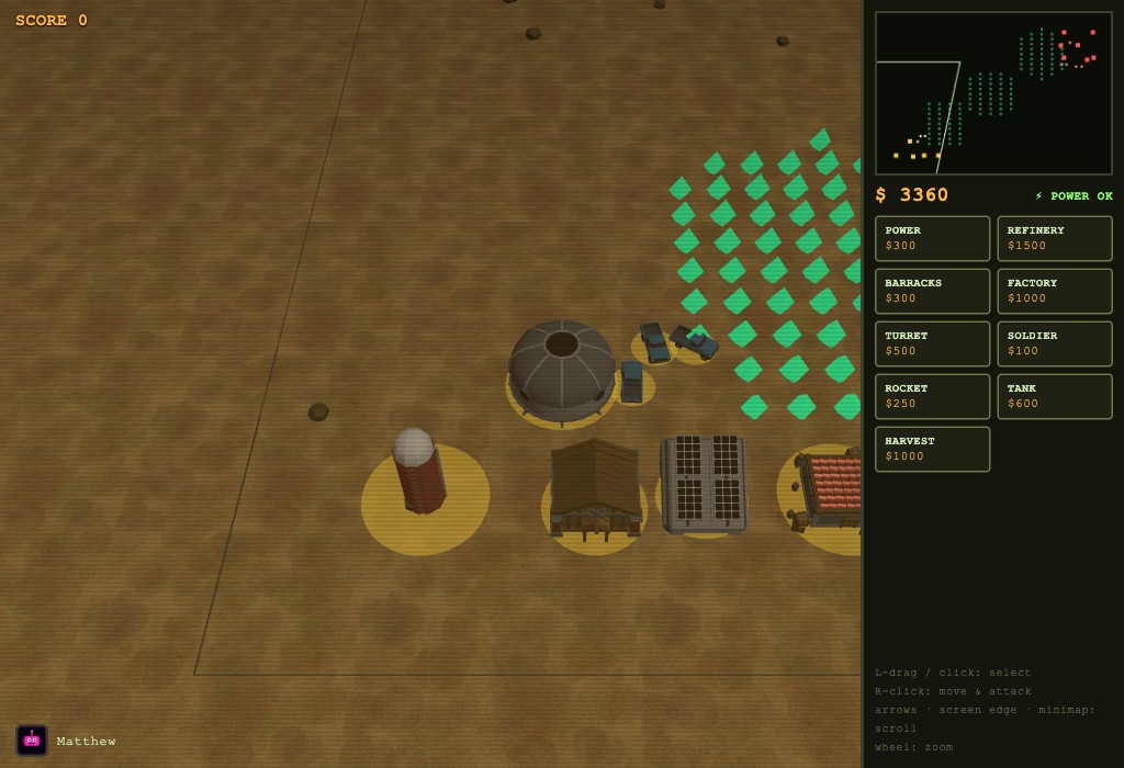 Crystal Command 3D gameplay — a tilted 3D battlefield with low-poly buildings on glowing team-coloured pads, harvester trucks driving to a field of green crystals, and an RTS command sidebar.