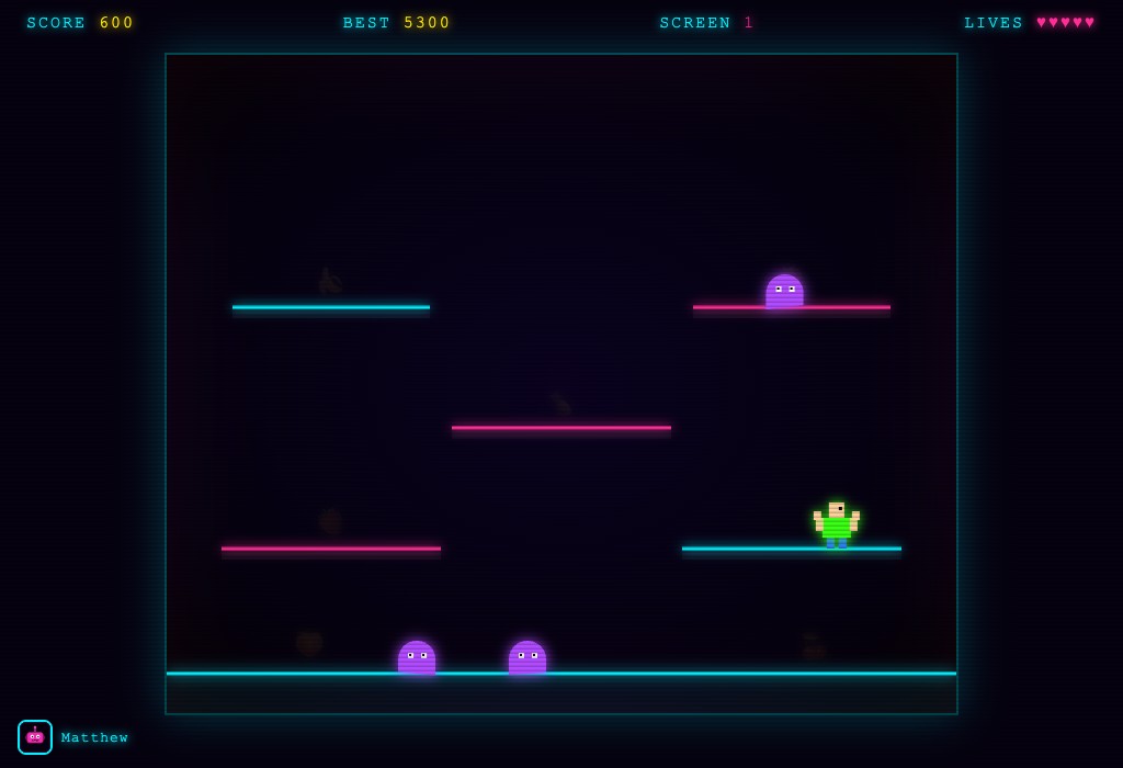 Fruit Crunch gameplay — a green hero standing on glowing neon platforms with purple monsters below in an 8-bit platformer.