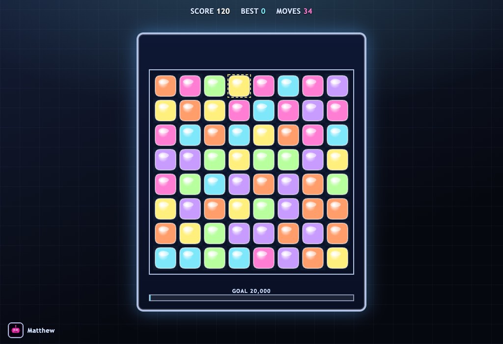 Gem Blitz gameplay — an eight-by-eight board of glossy candy-coloured gems with a selection box and a goal bar, on a dark Y2K-chrome background.