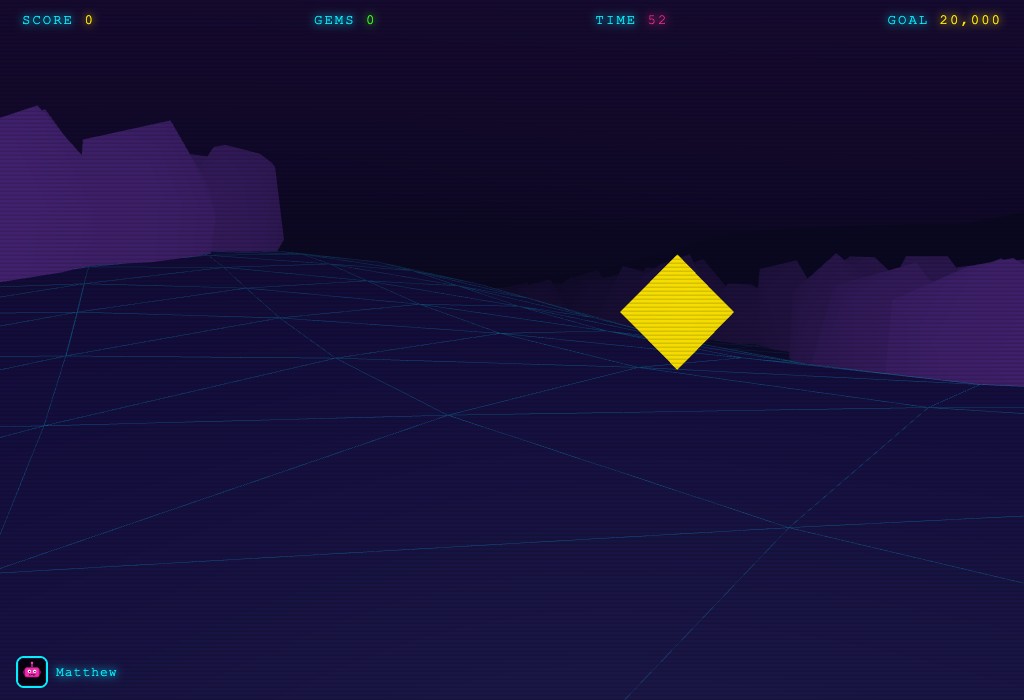 Neon Cave gameplay — a first-person WebGL view of a 3D cave with an undulating neon grid floor, purple rock walls and a glowing yellow gem.