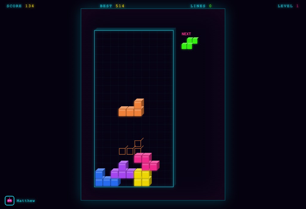 Neon Cubes gameplay — the same block puzzle drawn as glowing, extruded 3D cubes tumbling into a neon well.