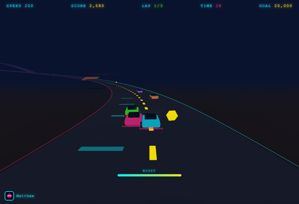 Neon Drift gameplay — a chase view of a glowing neon race car on a 3D circuit, rival cars just ahead, a cyan boost lane and a yellow orb, with pink and cyan rails curving into the distance.