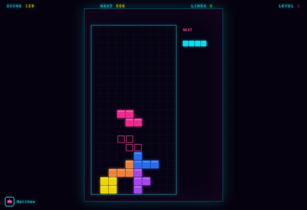 Neon Drop gameplay — falling Tetris-style pieces with a ghost outline and a stack of coloured blocks, plus a NEXT piece preview.