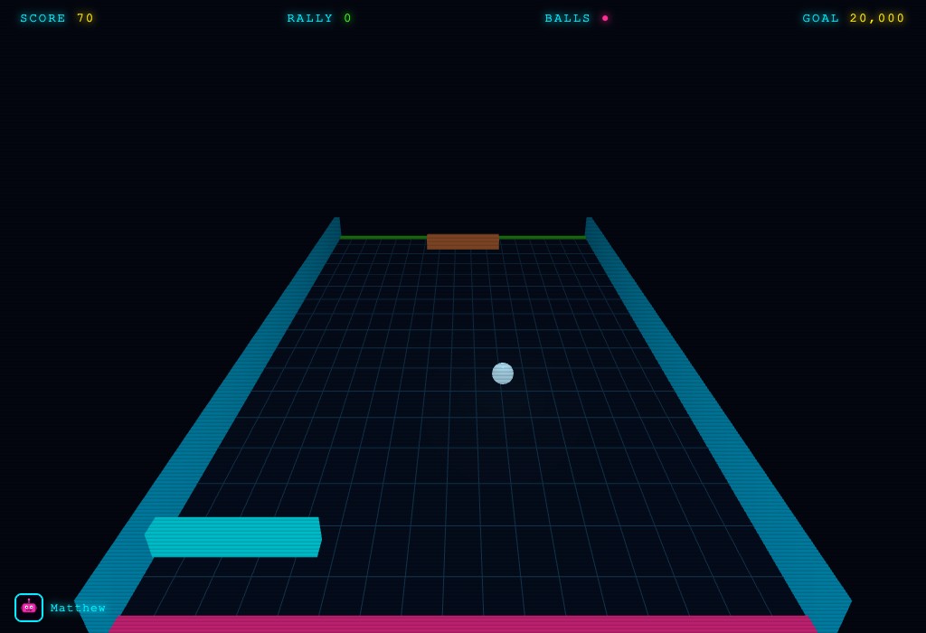 Neon Pong gameplay — a Tron-style 3D arena with a cyan player paddle, an orange AI paddle, a white ball and glowing side walls.