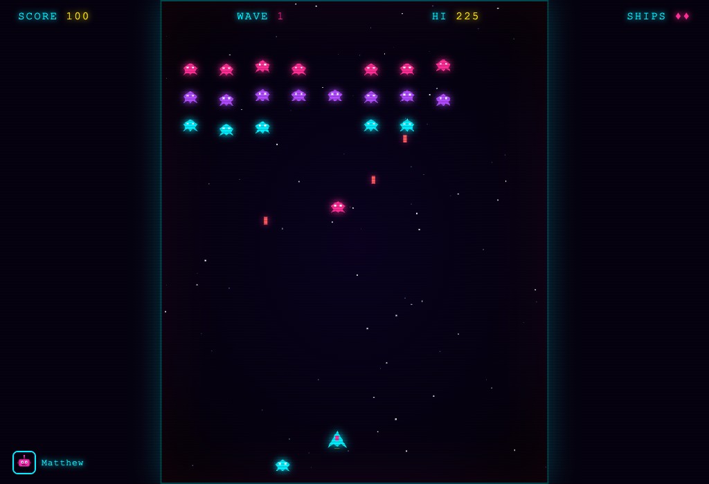 Neon Raiders gameplay — rows of glowing pink, purple and cyan alien invaders above a player ship firing bullets through a starfield.