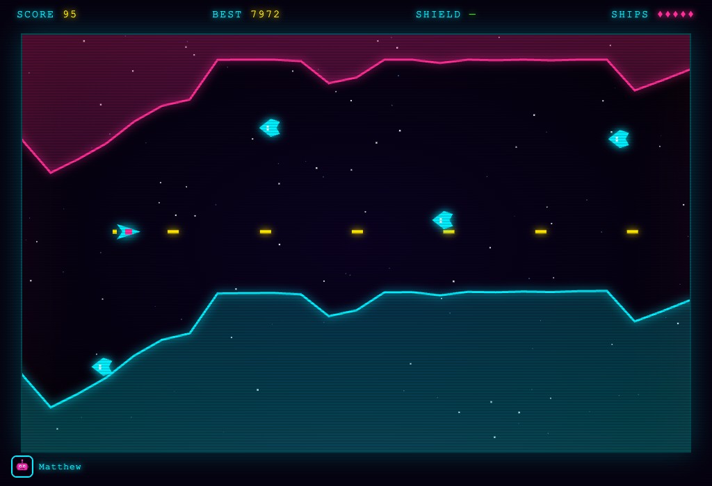 Star Shooter gameplay — a ship on the left firing across a neon canyon with pink and cyan cave walls and incoming enemy ships.